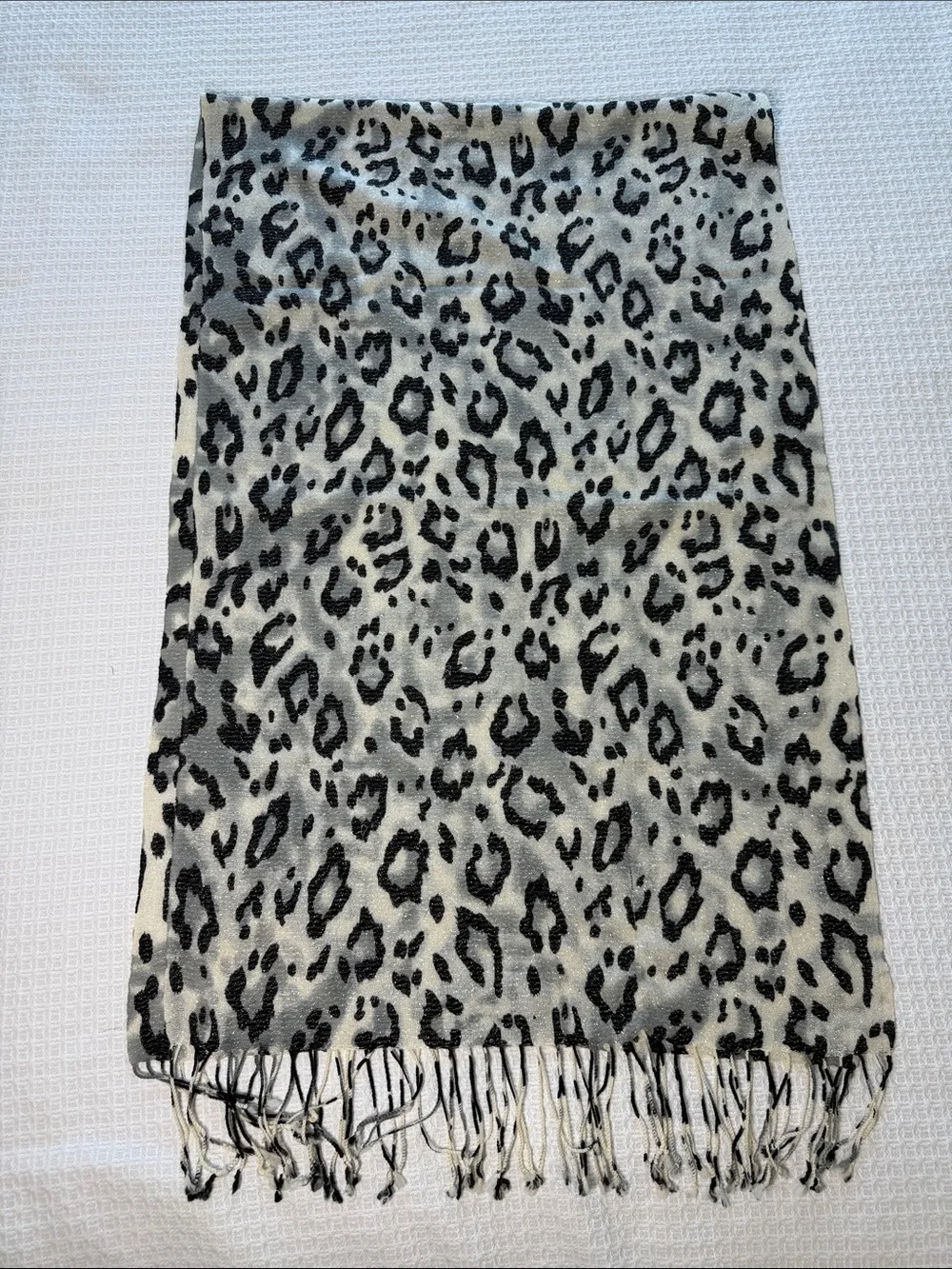 J. McLaughlin white and black animal print wool scarf with silver metallic